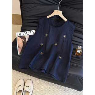 High-End Heavy-Duty Beaded Sleeveless Shirt for Women in Summer French-Style Sleeveless Linen Top Worn Outside Vest