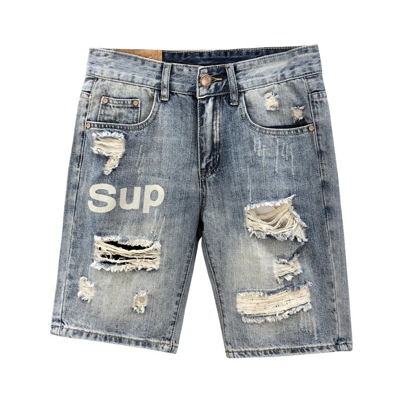 Men's Ripped Denim Shorts Summer Wear Resistant Light Colored Elastic Comfortable Casual Handsome Washed Retro Shorts_mkmklike.com