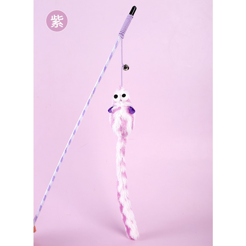 En stock al por mayor varilla elástica campana cebo gato juguete caramelo color felpa cola larga ratón rayas divertido gato palo