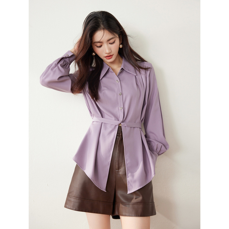 2025 Autumn New French Retro Fashionable Design Lazy Shoulder Pinch Pleat Waist Long Sleeve Shirt Top for Women