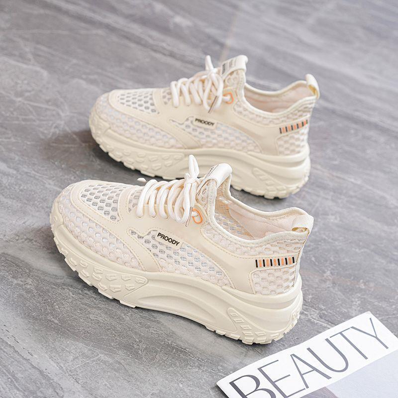 2025 New Dad Shoes for Women Summer Hollow Breathable Thin Thick-Soled Heightening Sports Shoes Mesh Casual White Shoes