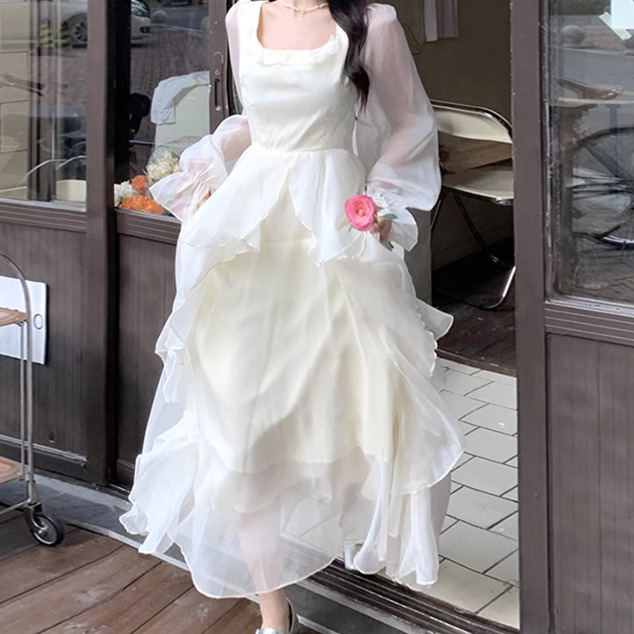 法式温柔风白色长袖神明少女连衣裙仙气超仙森系长裙海边度假仙女