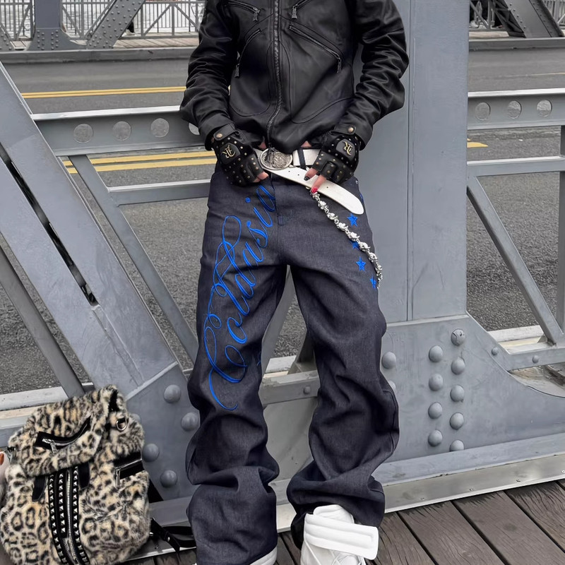 Cross-Border Foreign Trade American-Style Streetwear Washed Floral Letter Embroidery Black Wide-Leg Jeans Unisex Loose Straight Pants Cross-Border Foreign Trade American-Style Streetwear Washed Floral Letter Embroidery Black Wide-Leg Jeans Unisex Loose Straight Pants