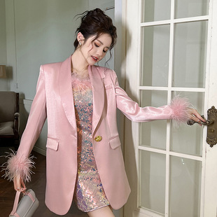 2025 Early Autumn New Style French Loose Pink Satin Suit Jacket Mid-Length Age-Reducing Suit for Women 20932