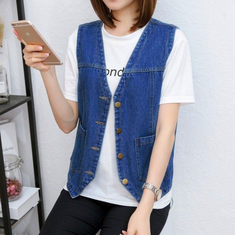 Summer All-match Denim Vest Women's Short Loose Korean-style BF Sleeveless Jacket Vest Waistcoat Fashionable for Students