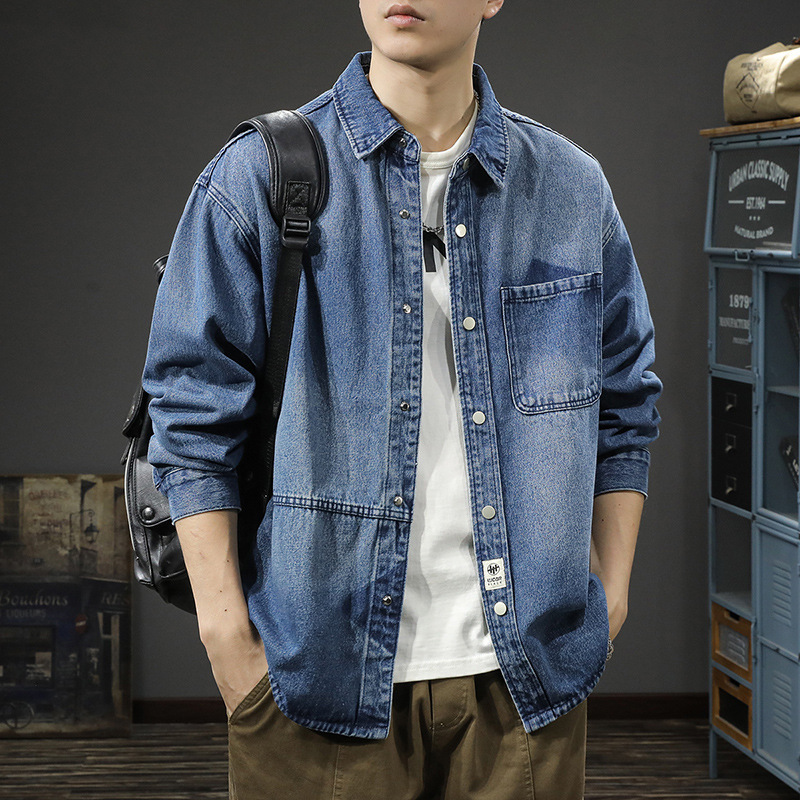 Autumn and Winter Trendy Retro Denim Shirt for Men, Loose Plus Size American Casual Workwear Jacket, Stylish Turn-Down Collar Outerwear
