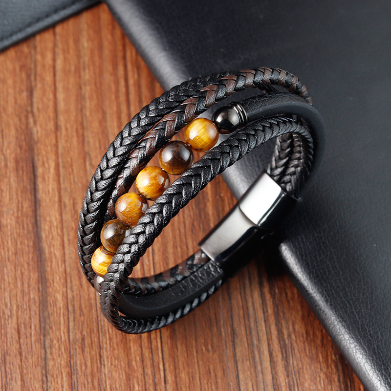 35g Weight wristband Classification Pu Leather Chain Material Woven Chain Chain Type Street Occasion Pu Leather, natural stone Material Geometric Pattern Men's Gender Polishing Design Vintage Style, Streetwear Style Vintage Style Streetwear Geometric Pu Leather Natural Stone Polishing Men's Wristband Men Cord & Leather Bracelets 7