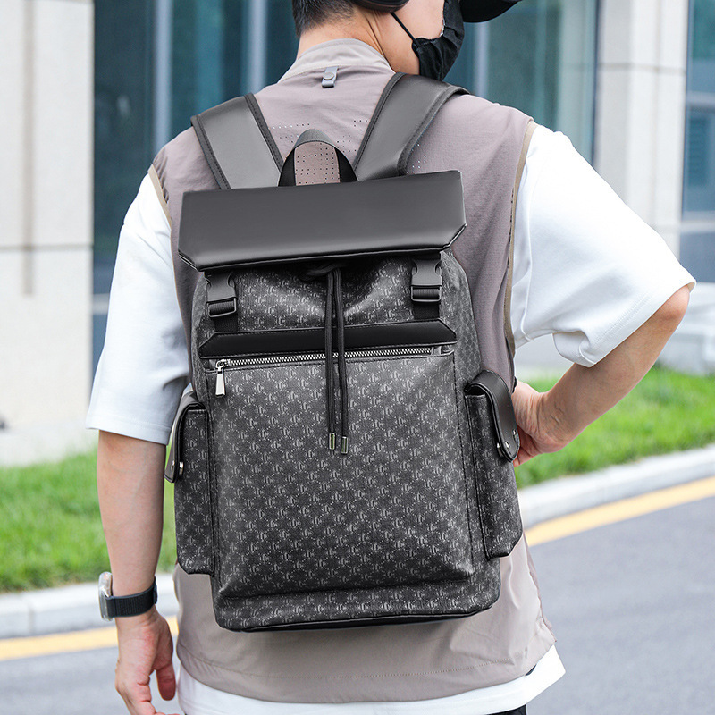 Backpack Pu Plaid Fashion Retro Trendy Men's Backpack Large Capacity Water-Repellent Laptop Backpack