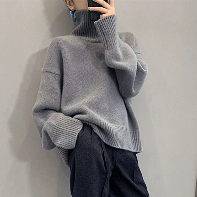 秋冬纯色简约高领毛衣女宽松慵懒风2024新款加厚内搭打底针织衫厚
