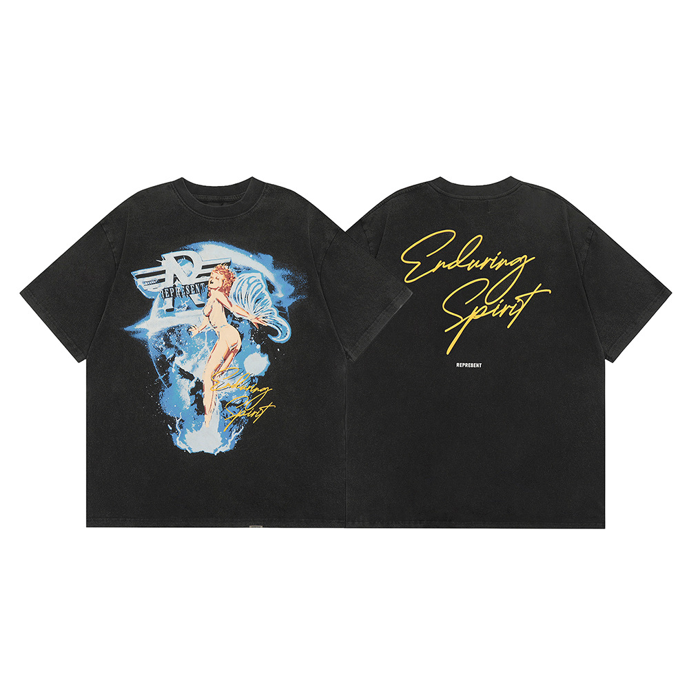 High Street REPRESENT Impresión de letras minimalistas desgastado retro lavado hombres y mujeres sueltos camiseta casual de manga corta marea