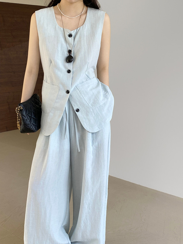 【福祉品返品不可】Jiangzuo Laqianfeng スーツ ノースリーブ ベスト + ワイドレッグ パンツ 2 点セット 女性用 8603|undefined