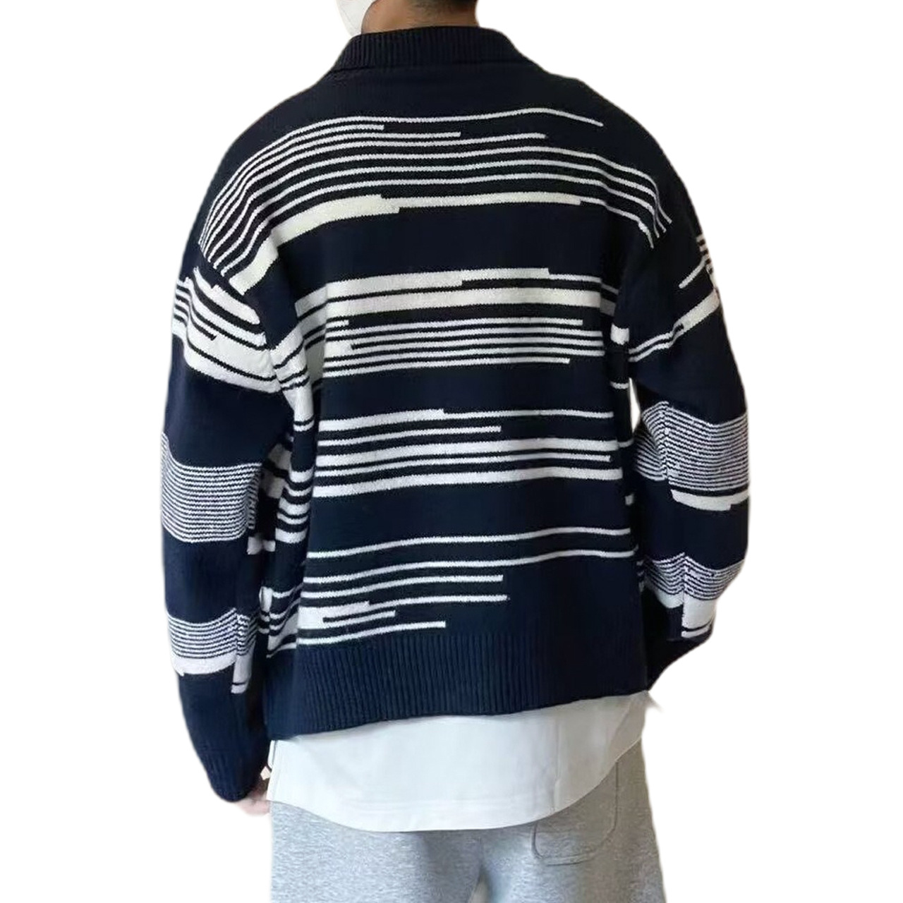 Explosiones transfronterizas de tamaño europeo tamaño grande polo collar camiseta de punto suéter hombre a rayas hebilla cardigan chaqueta fábrica al por mayor