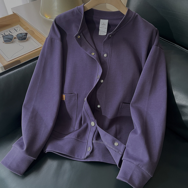 Purple Casual Versatile Cardigan Sweatshirt Jacket for Women 2025 Early Autumn New Korean Style Baseball Uniform Cardigan Top