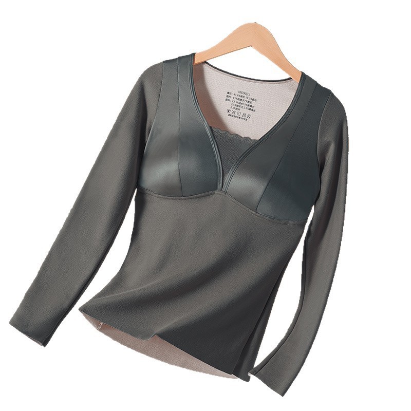 Otoño y invierno satin lana seda cálida mangas largas ropa interior molida damas con almohadilla de pecho para proteger el estómago de la camiseta delgada camiseta superior