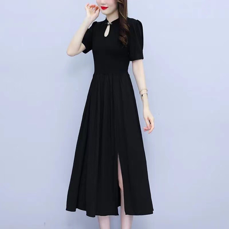 Plus Size 150kg Chinese Retro Improved Cheongsam Mid-Length Dress Summer Big Hem Side Slit Little Black Skirt