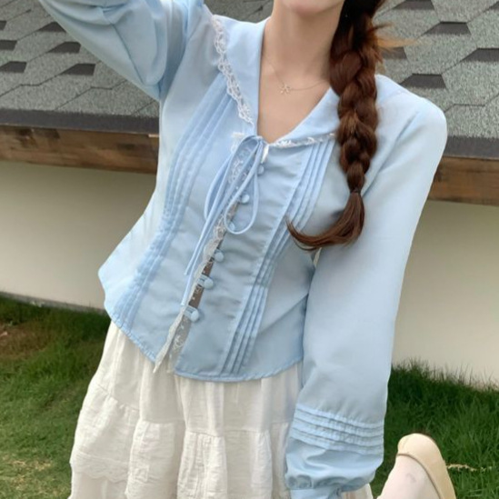 Lace Navy Collar Long Sleeve Shirt Women's 2025 Spring and Summer New Style Chic Design Short Slim Top