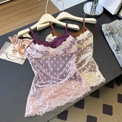带胸垫波点蕾丝假两件花边吊带背心女夏季无袖外穿辣妹内搭上衣