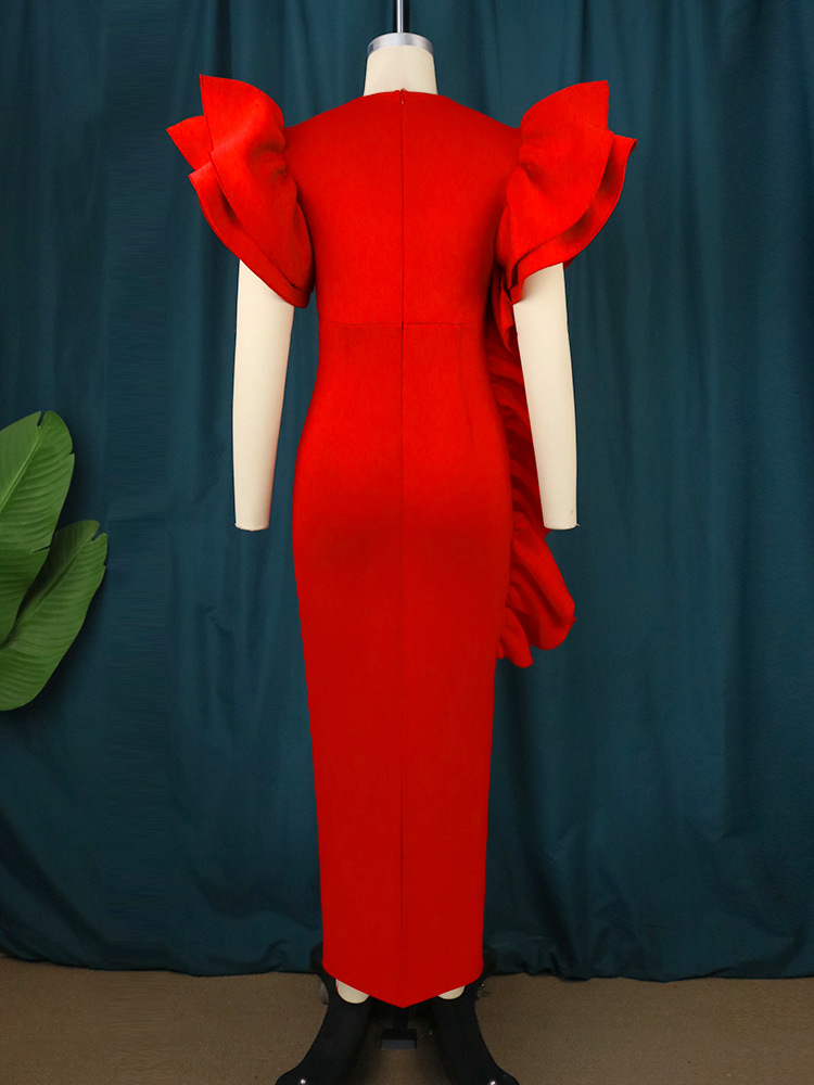 Women's Clothing deep V sexy low cut dress plus size ruffled banquet dress _voghion.com