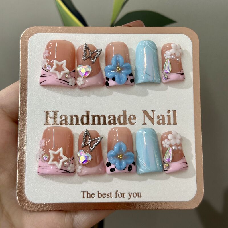 Foreign Trade European and American Cross-Border Sweet and Cool Duckbill Nails Hand-Painted Stereo Carved French Handmade Wearable Nails Fake Nails