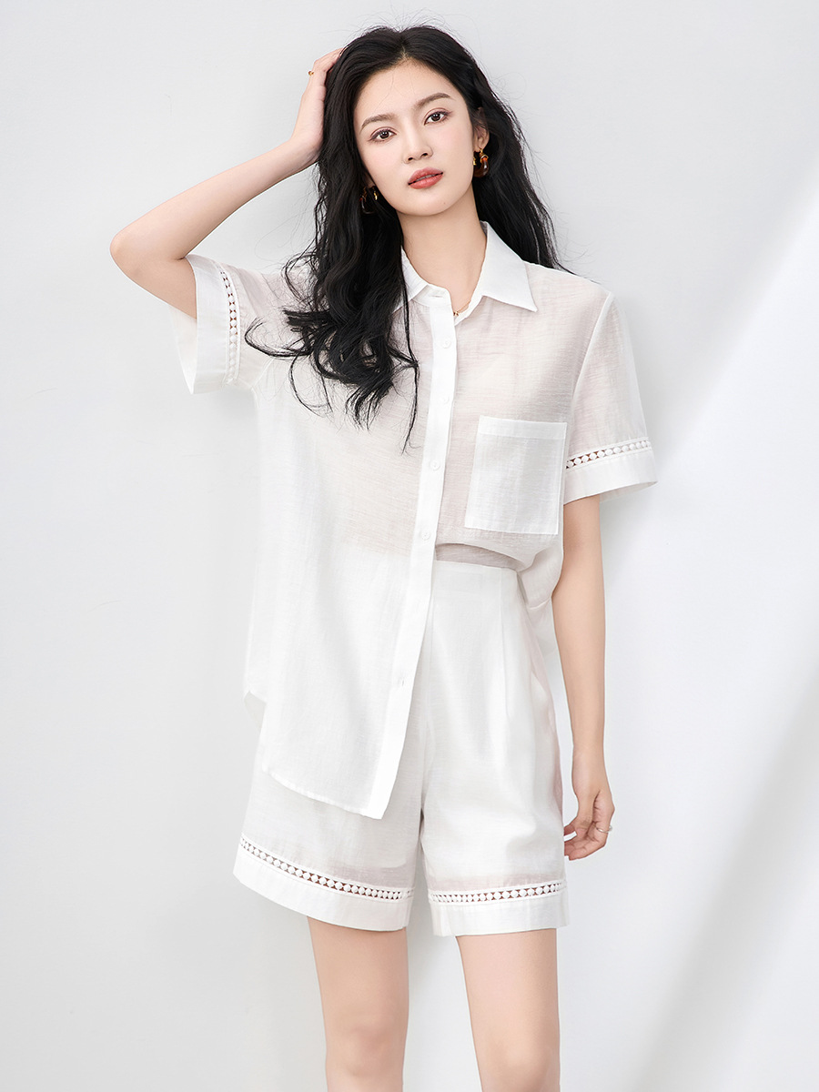 Áo sơ mi khoác pha vải lanh Tencel tay dài + quần short rộng thùng thình bộ hai mảnh mùa hè — Màu trắng