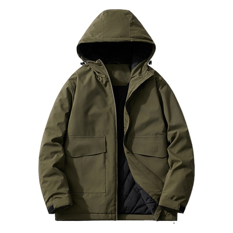Cross-border wholesale American outdoor sports windproof cotton-padded clothes men's fleece-lined thickened cotton-padded clothes solid color workwear hooded mountaineering