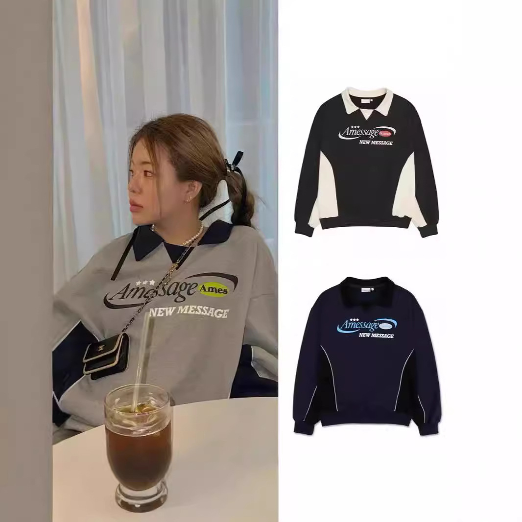 现货韩国小众潮牌ame*s虞书欣同款美式复古球衣拼接翻领情侣卫衣