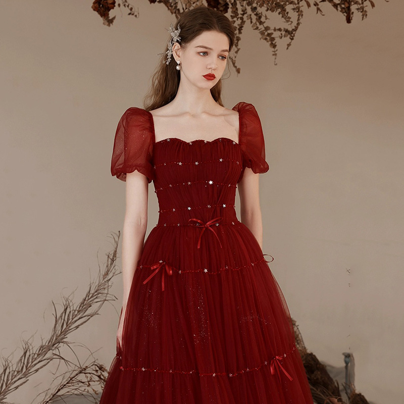 Burgundy Toast Dress 2026 New Style Bride Wedding Slimming Engagement Puff Sleeve Evening Dress Princess Style Burgundy Toast Dress 2026 New Style Bride Wedding Slimming Engagement Puff Sleeve Evening Dress Princess Style
