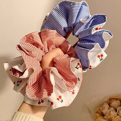 樱桃双层褶皱大肠发圈红色格子双拼蓝色格子田园风发圈马尾女头饰