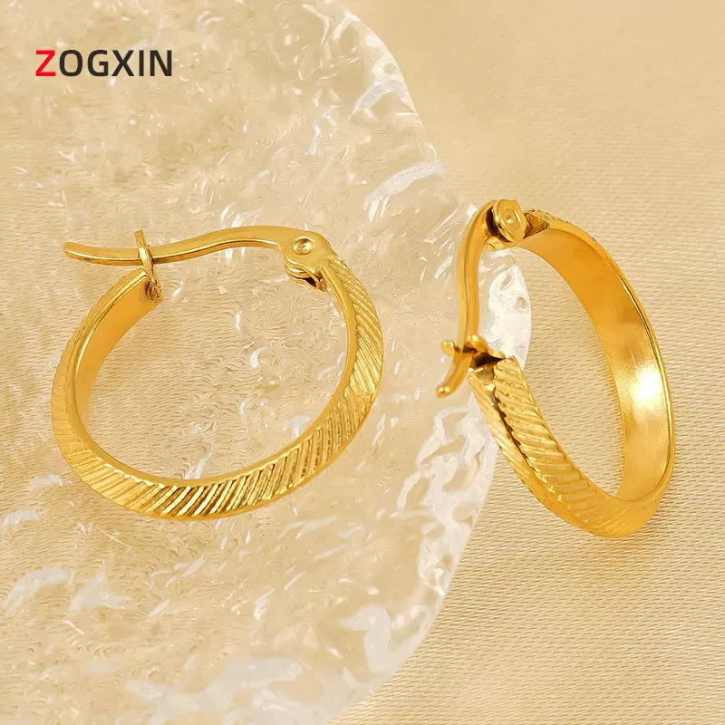 2024新款简约冷淡风条纹环形不锈钢镀金耳环几何形百搭高级感耳饰