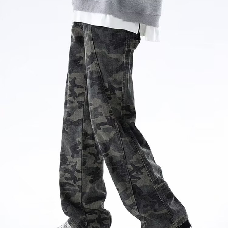 Monos de hip-hop de la calle americana, jeans de camuflaje retro de la marca de moda de la calle alta, pantalones rectos sueltos