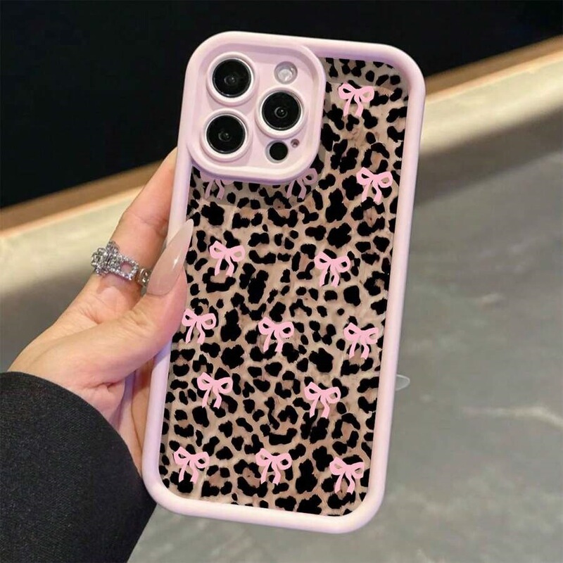 Leopard Print Bow Suitable for Apple 16Promax Mobile Phone Case 15Plus Ladder 14 Cross-Border 13 Classy 12 Soft 11