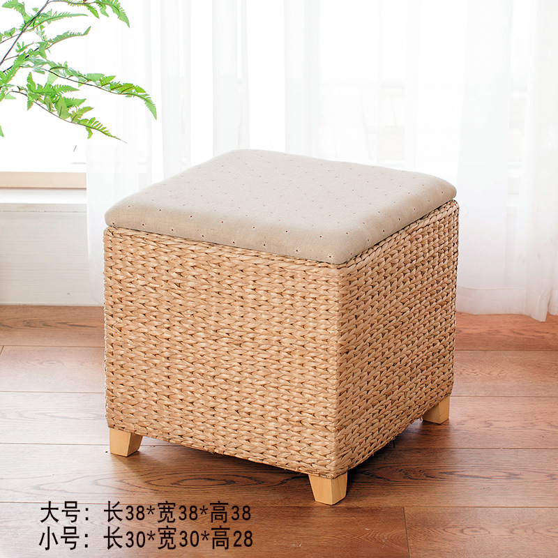 Taburete de almacenamiento de madera maciza tejido de paja Taburete de almacenamiento Taburete de cambio de zapatos tejido de ratán Taburete de maquillaje de sofá puede sentarse personas organizando caja de almacenamiento