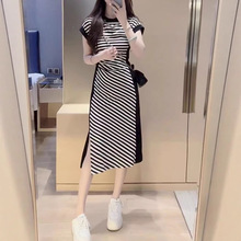 条纹连衣裙女短袖夏季2025新款收腰拼接显瘦小个子包臀开叉长裙子
