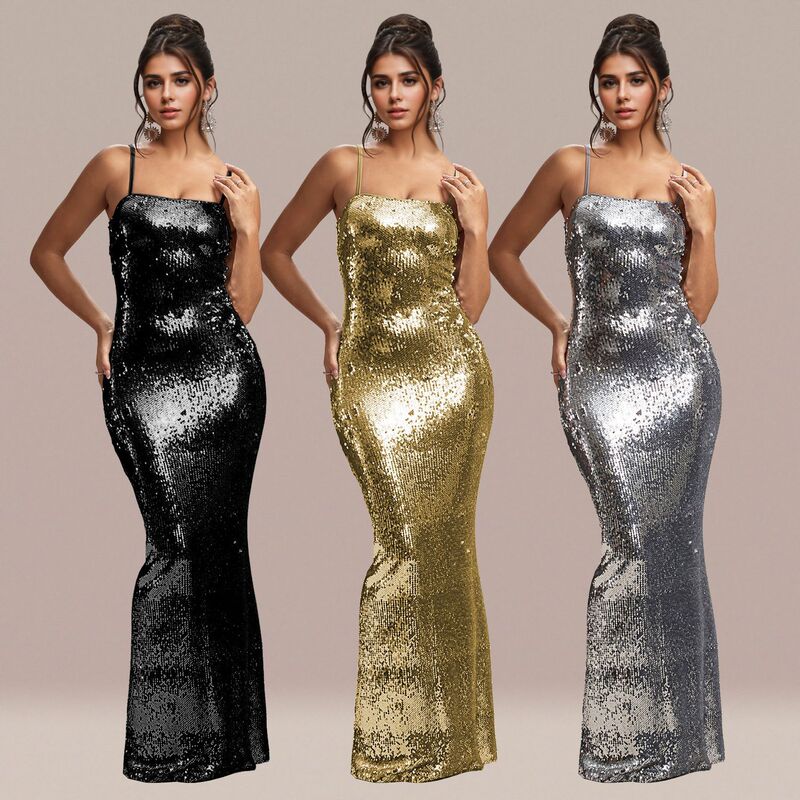 C7332 Cross-Border New European and American Amazon Party Evening Dress Sequined Suspender Dress Export Women's Long Skirt