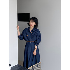 江左温蒂休日レトロ通勤デニムシャツ女性ハイウエスト百タックロングスカートセット6202