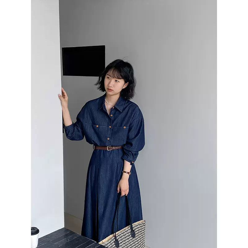 江左 温蒂假日 复古通勤牛仔衬衫女+高腰百褶长款半身裙套装 6202
