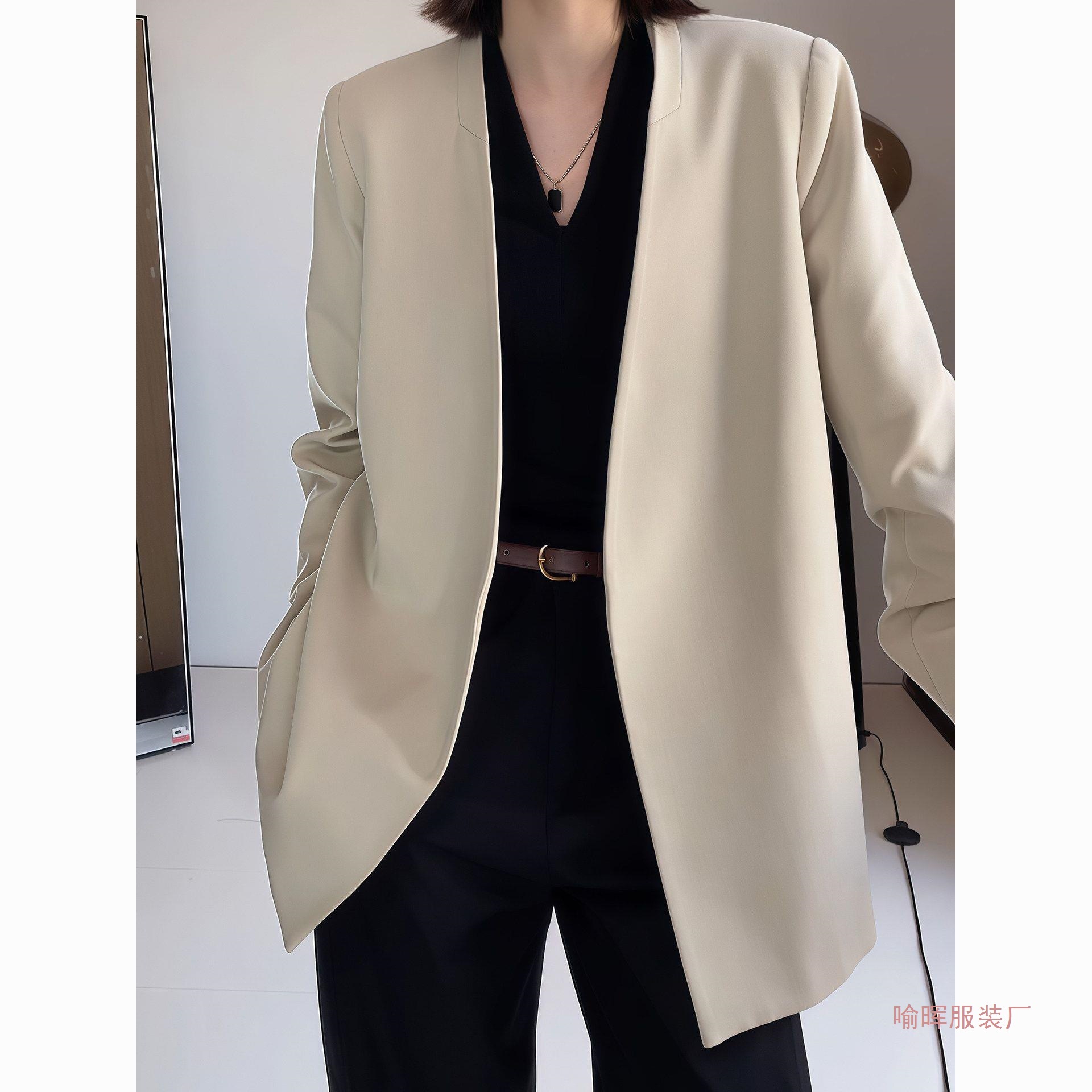 Designed Silhouette Collarless Blazer Spring Coat for Women, New Loose-Fitting Suit Jacket, Plus-Size Padded Shoulder Apricot Color