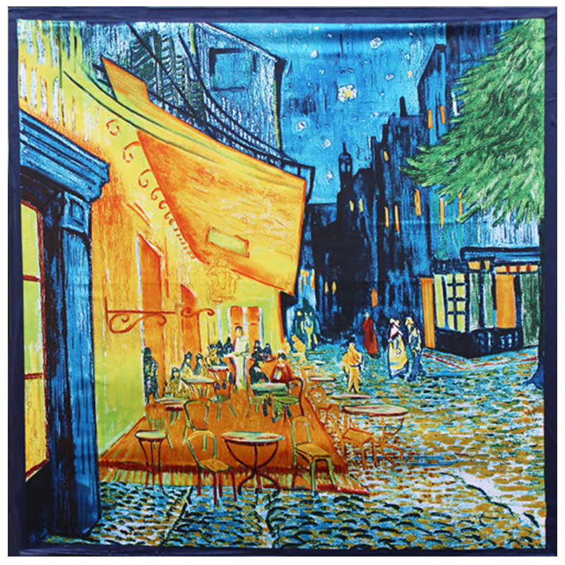 90cm Oil Painting Coffee House Alley Satin Ladies Large Square Scarf Wholesale display picture 1