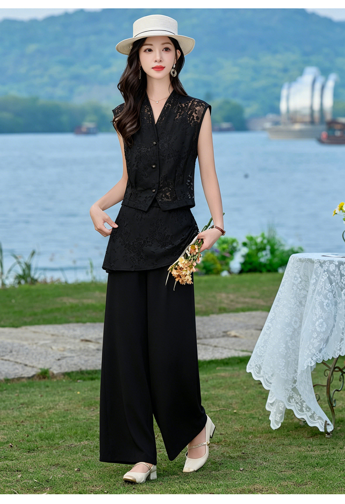 Bộ vest nữ không tay kết hợp quần ống rộng phối ren YQ9913 — màu đen, màu trắng ngà chi tiết 24