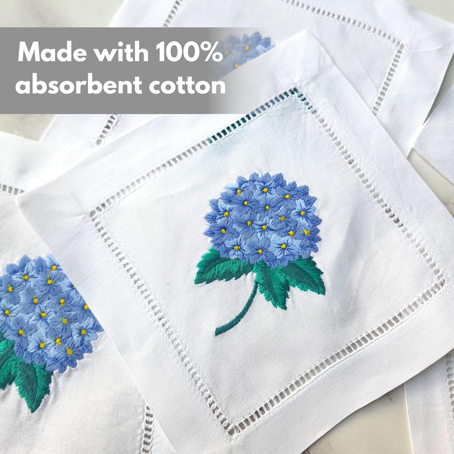 Servillas de cóctel bordadas, hortenida dibujada a mano, almohadillas de mesa, almohadillas de algodón transfronterizas, perforación de esquina, almohadillas de taza de costura