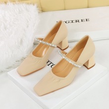 5288-17 Retro Korean Thick Heel Middle Heel Women's Shoes Shallow Mouth Square Head Pearl Water Diamond Strap Mary Jane Single Shoe