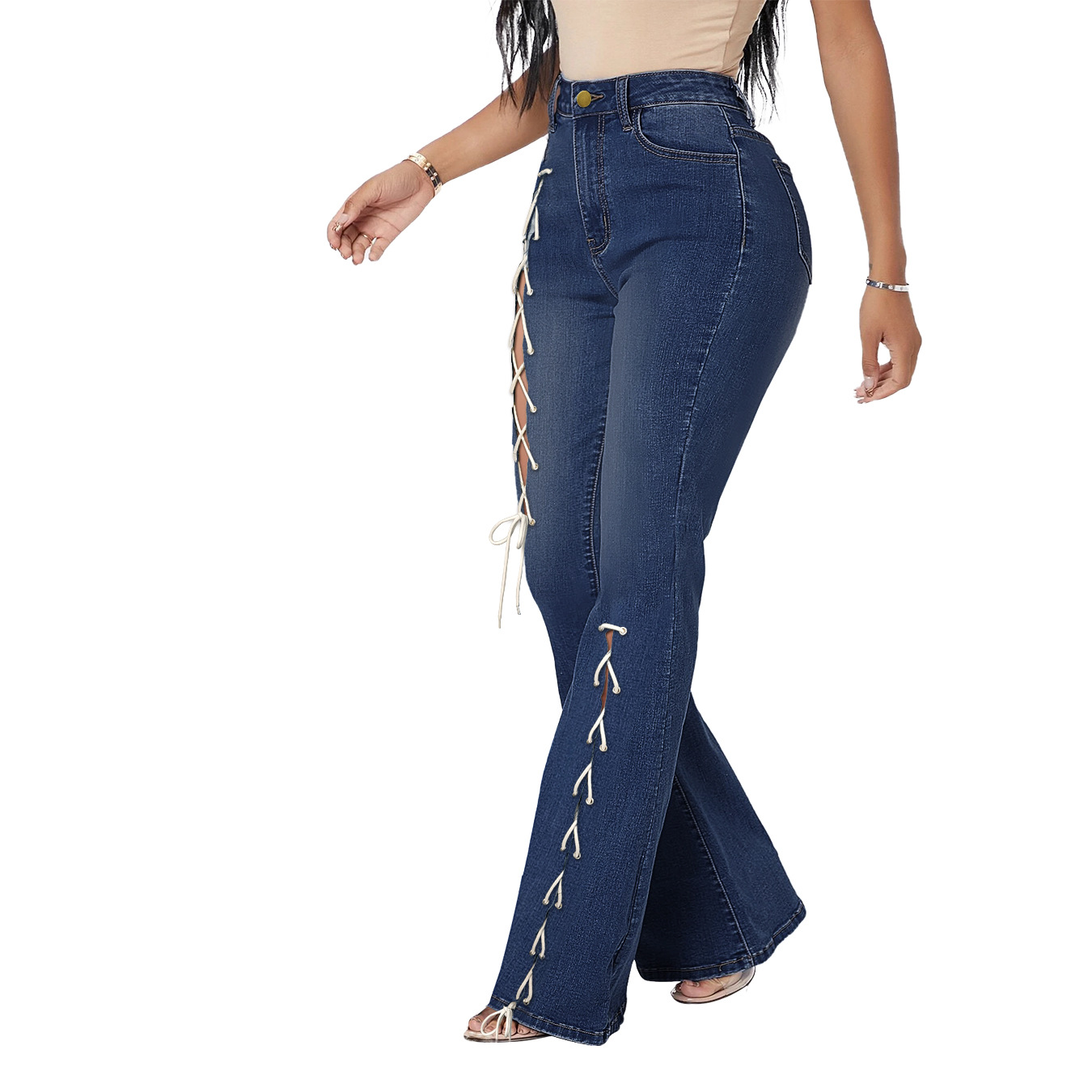 High Waist Creative Bandage Bootcut Jeans NSWL116472