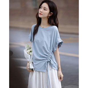 Designed Asymmetrical Side Drawstring T-Shirt for Women 2025 Summer New Round Neck Lace Loose Short-Sleeved Top