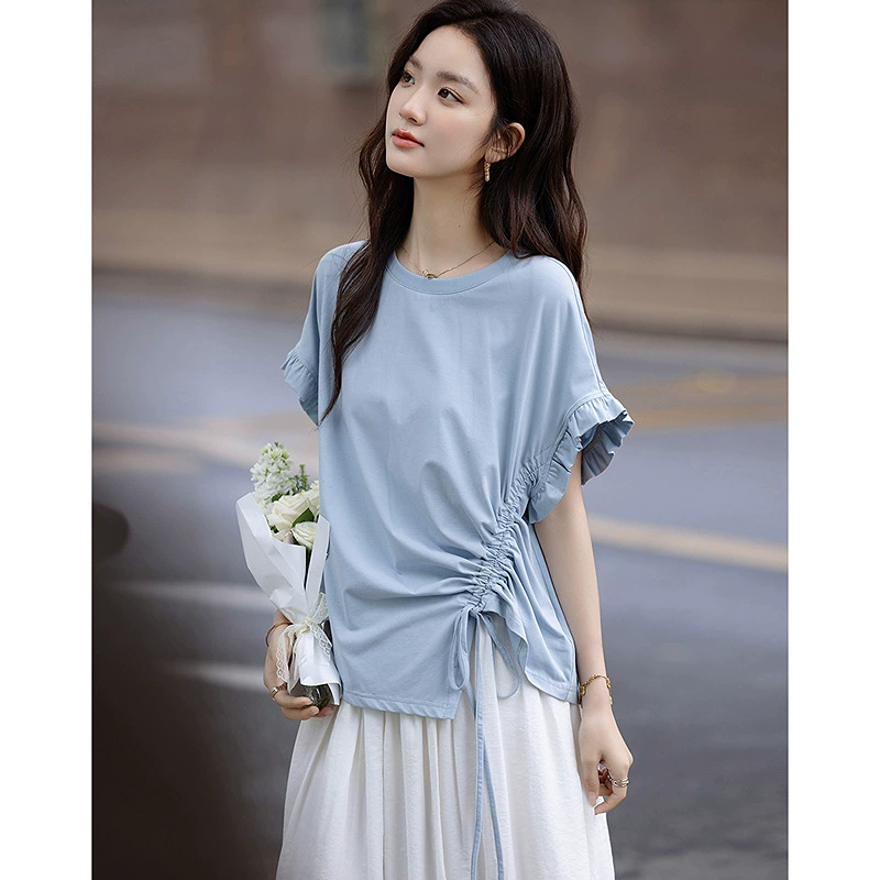 Женская футболка с асимметричным боковым шнурком, летняя новинка 2025 года, круглый вырез, кружево, свободный крой, короткий рукав