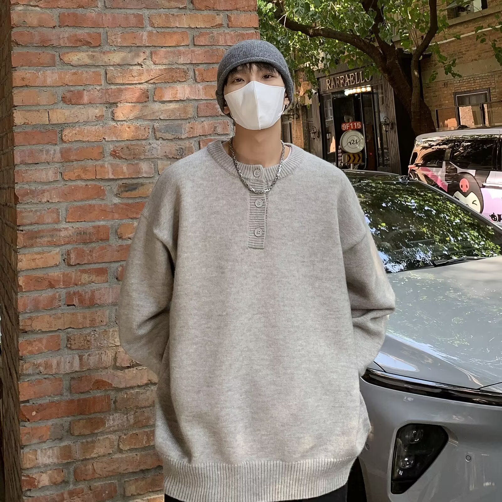 (2개) 일본식 레트로 버튼 스웨터 남자 겨울 그레이 하이 엔드 캐주얼 루즈 올 매치 한국 스타일 유행 니트 탑