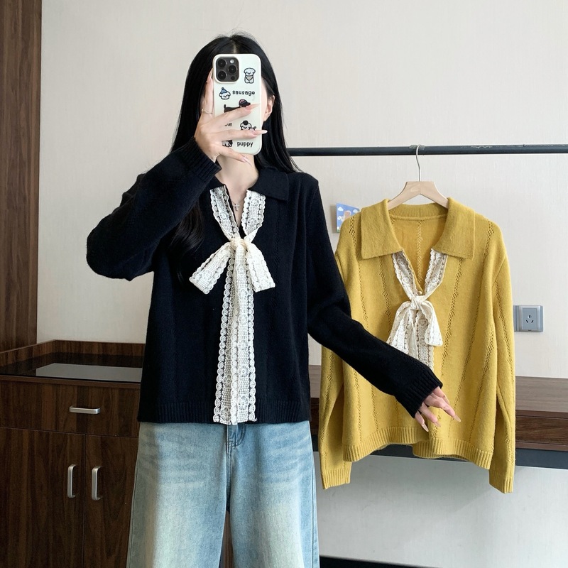 大码设计感蕾丝蝴蝶结系带Polo领针织衫毛衣女秋冬法式温柔风上衣|undefined