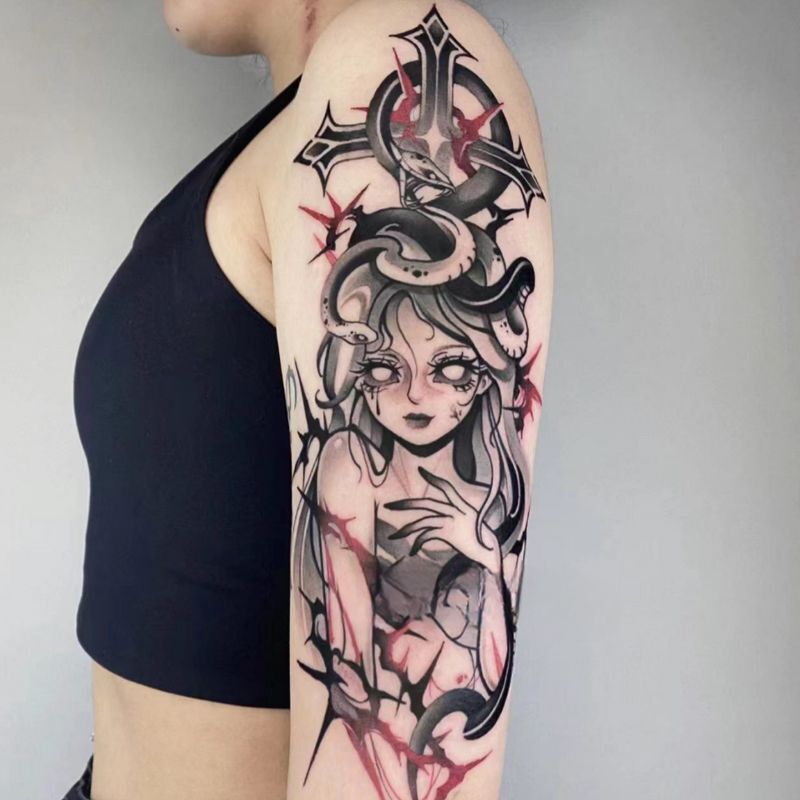 [Big Figure Medusa] Herbal Tattoo Sticker Juice Waterproof Lasting Men's Arm Small Flower Arm Plain Flower Not Reverse