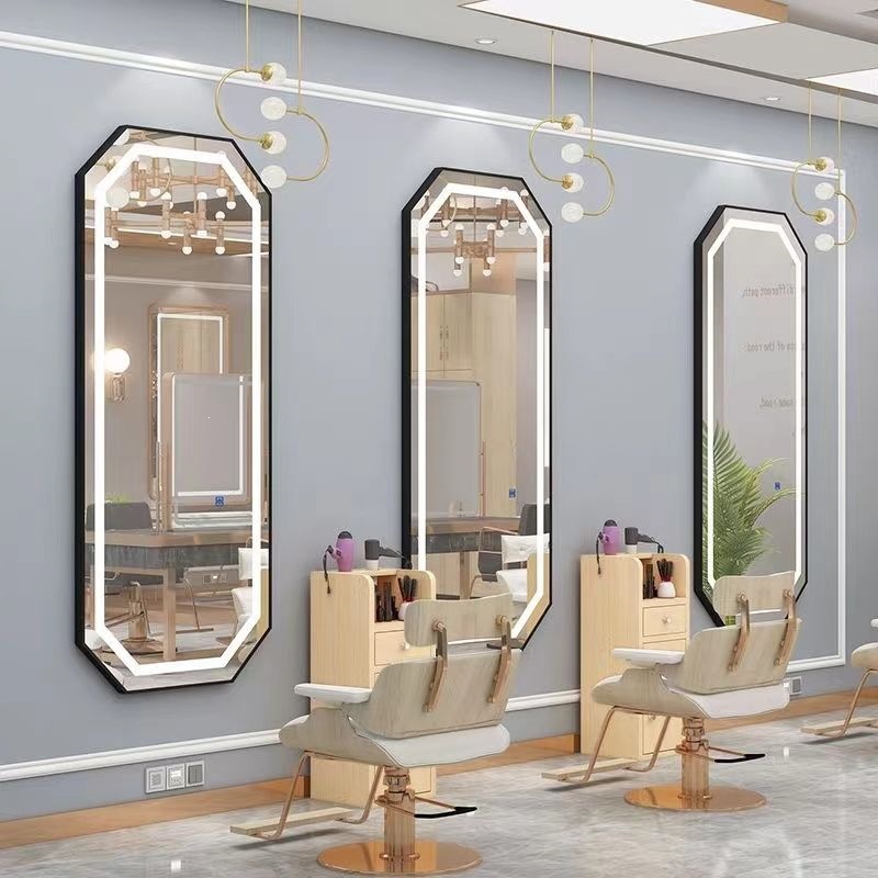 Espejo de peluquería simple, espejo especial de peluquería, espejo rojo con lámpara, espejo de pared, espejo de peluquería, espejo de peluquería