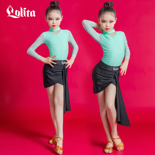 Girls mint black Latin Dance Dresses long sleeves Latin dance irregular skirt girl performs  long-sleeved exercise practice dancing 