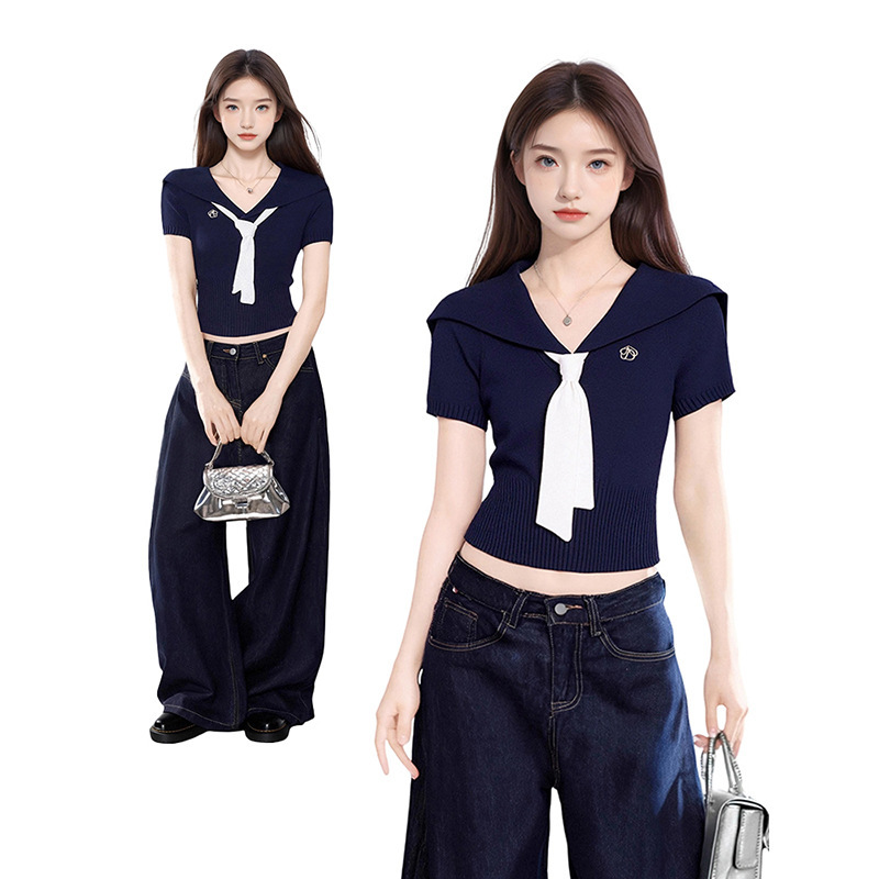 Navy Blue Navy Collar Right Shoulder Short-Sleeved T-Shirt for Women Summer Slim Short Tight American Design Knitted Top